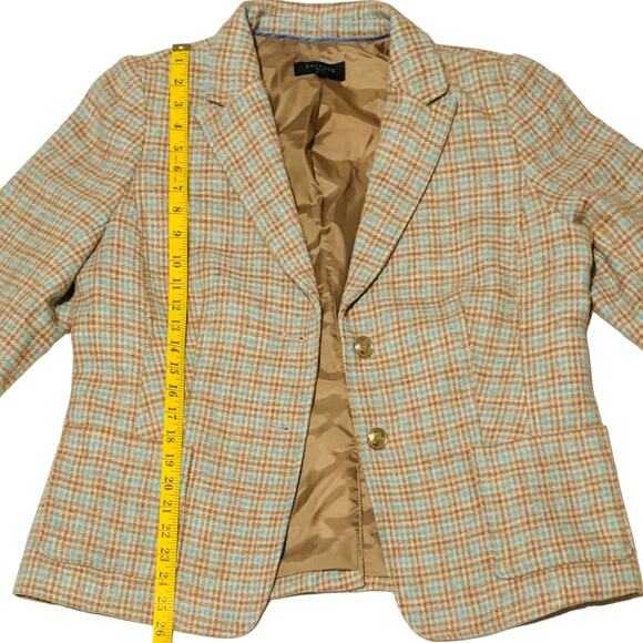 TALBOTS Petite 16P Wool Blend Checked Blazer Tan Teal 2 Metal Button Front - Picture 4 of 7
